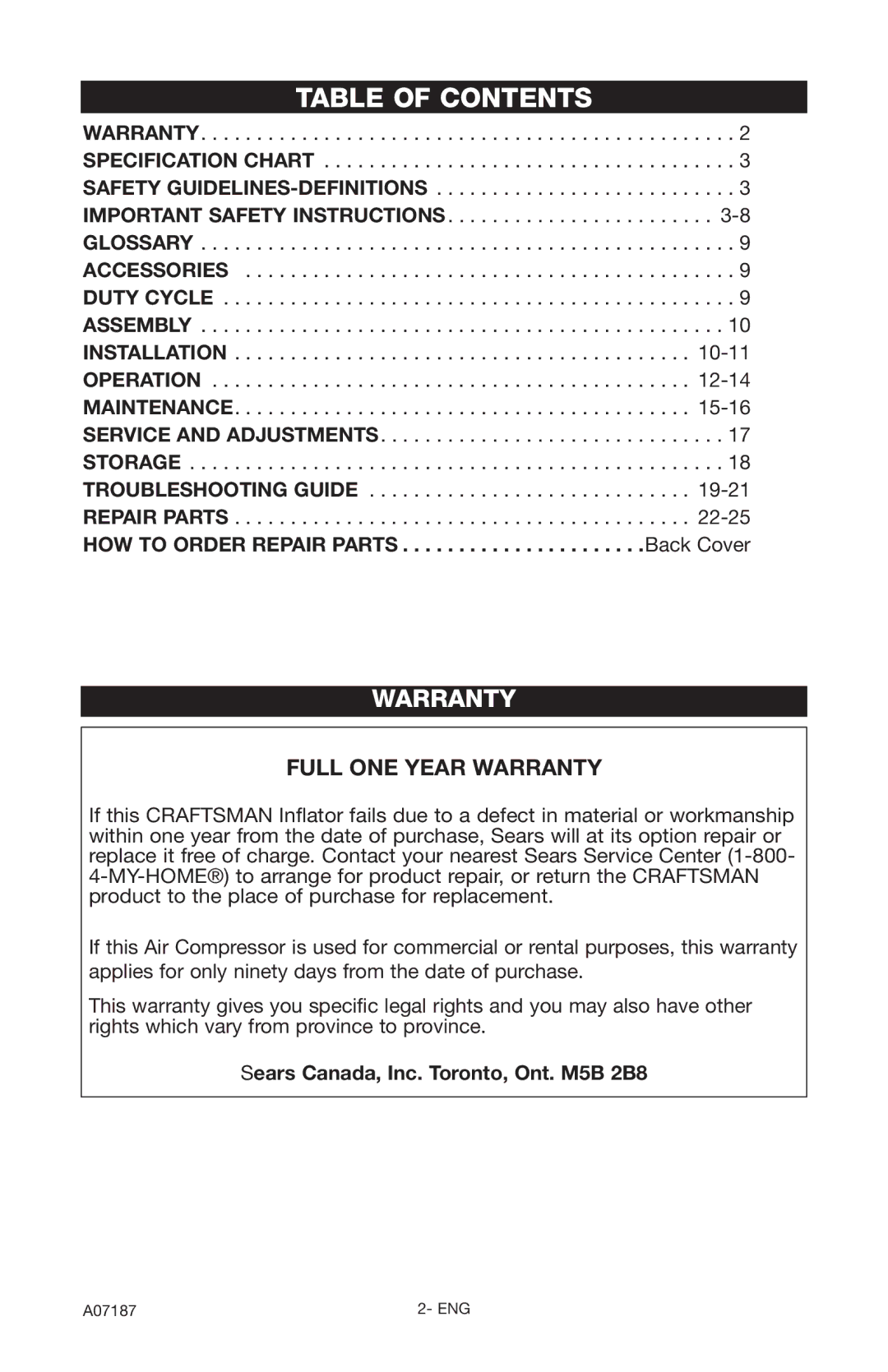 Craftsman 919.724582 owner manual Table of Contents 