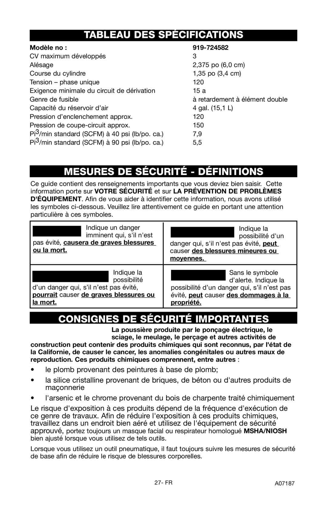 Craftsman 919.724582 Tableau DES Spécifications, Mesures DE Sécurité Définitions, Consignes DE Sécurité Importantes 