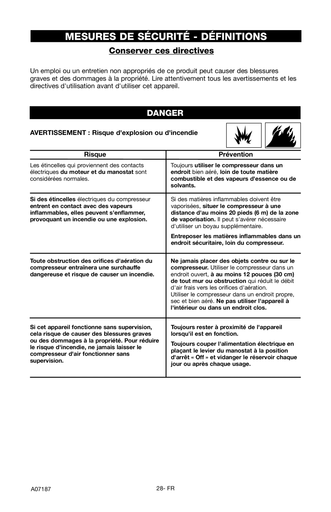 Craftsman 919.724582 owner manual Conserver ces directives, Avertissement Risque dexplosion ou dincendie Prévention 