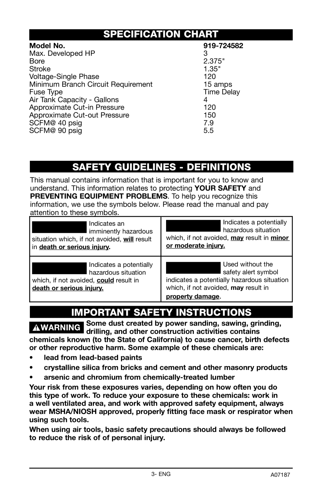 Craftsman 919.724582 Specification Chart, Safety Guidelines Definitions, Important Safety Instructions, Model No 