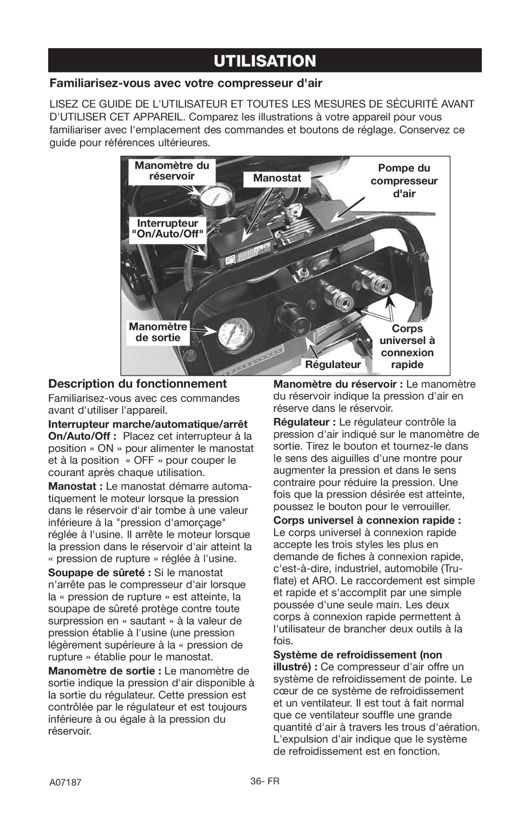 Craftsman 919.724582 owner manual Utilisation, Familiarisez-vous avec votre compresseur dair, Description du fonctionnement 