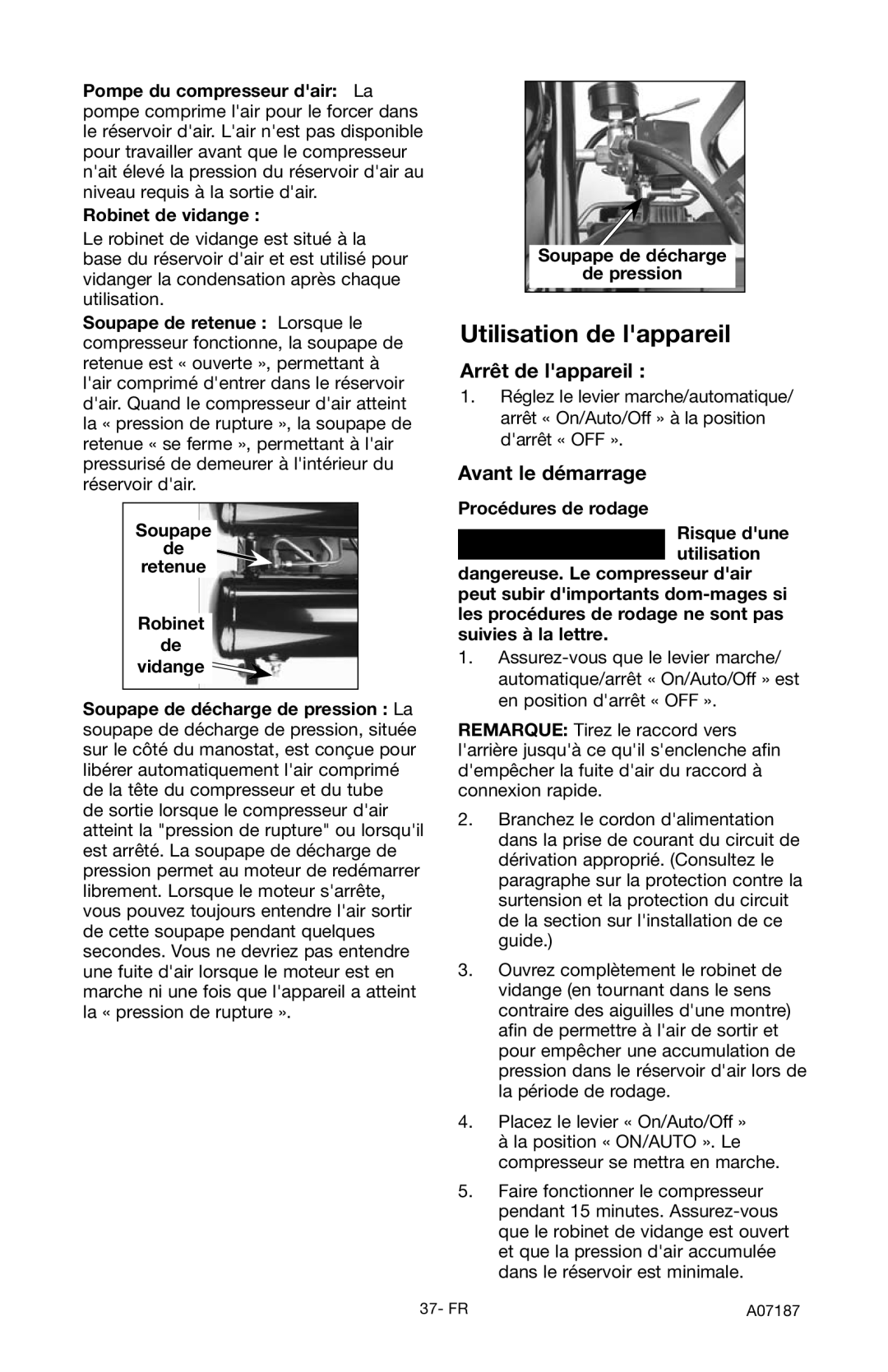 Craftsman 919.724582 owner manual Arrêt de lappareil, Avant le démarrage 