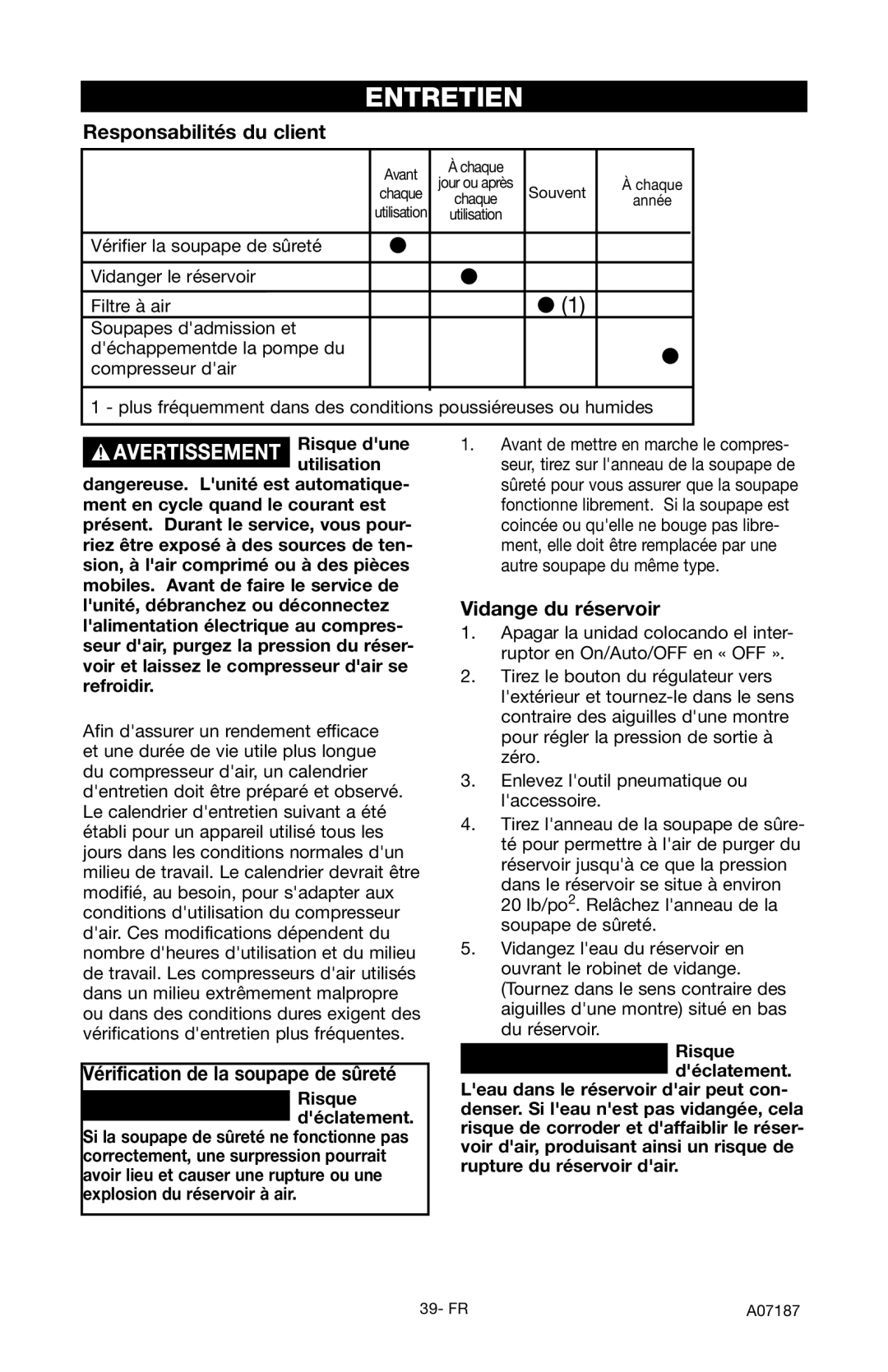 Craftsman 919.724582 Entretien, Responsabilités du client, Vérification de la soupape de sûreté, Vidange du réservoir 