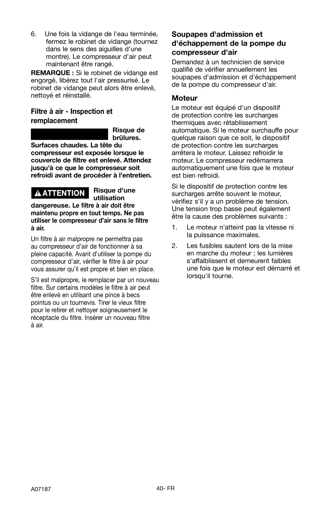 Craftsman 919.724582 Filtre à air Inspection et remplacement, Moteur, Risque de brûlures, Risque dune utilisation 