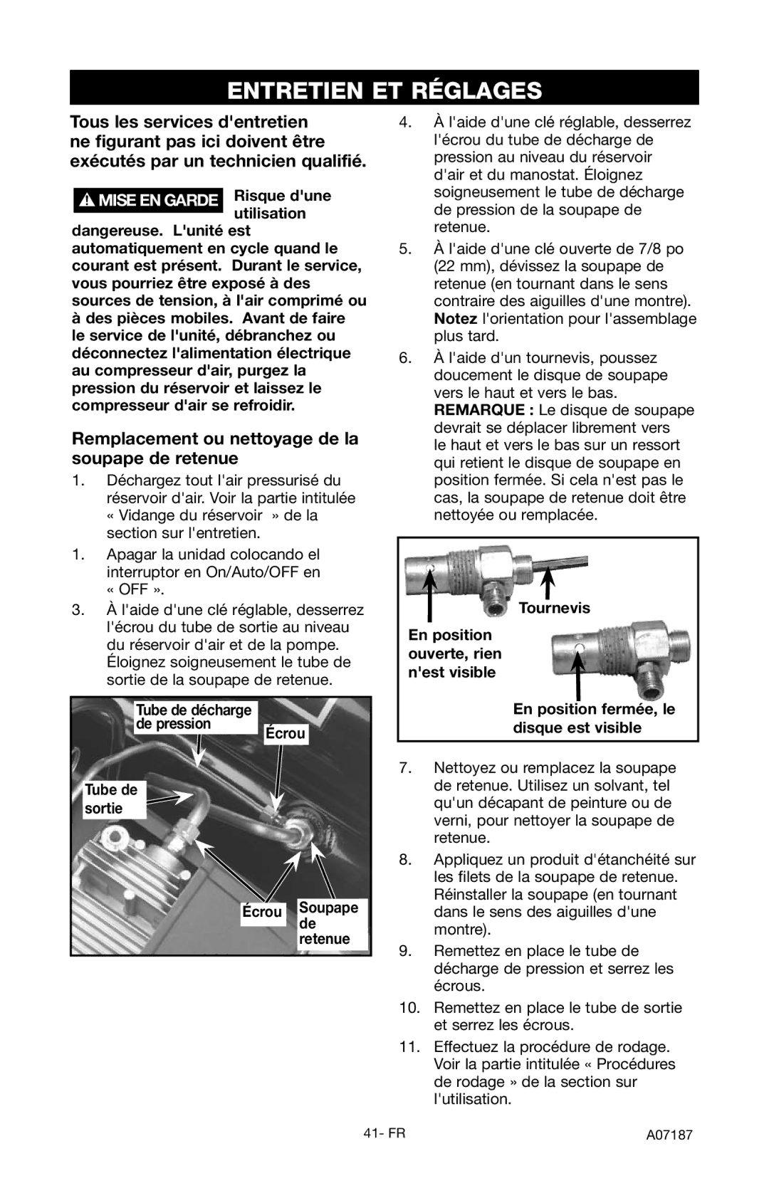 Craftsman 919.724582 owner manual Entretien ET Réglages, Tous les services dentretien, Ne figurant pas ici doivent être 