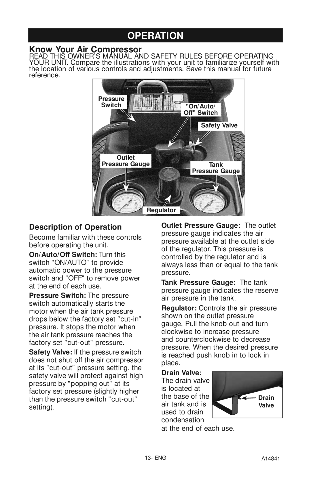 Craftsman 919.724591 Description of Operation, Outlet Pressure Gauge The outlet, Tank Pressure Gauge The tank 