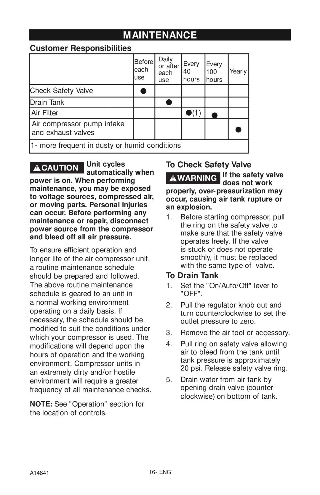 Craftsman 919.724591 owner manual Maintenance, Customer Responsibilities, To Check Safety Valve, To Drain Tank 