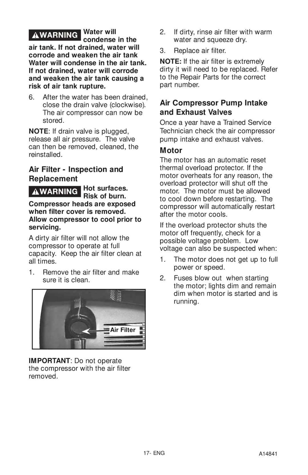 Craftsman 919.724591 Air Filter Inspection and Replacement, Air Compressor Pump Intake and Exhaust Valves, Motor 