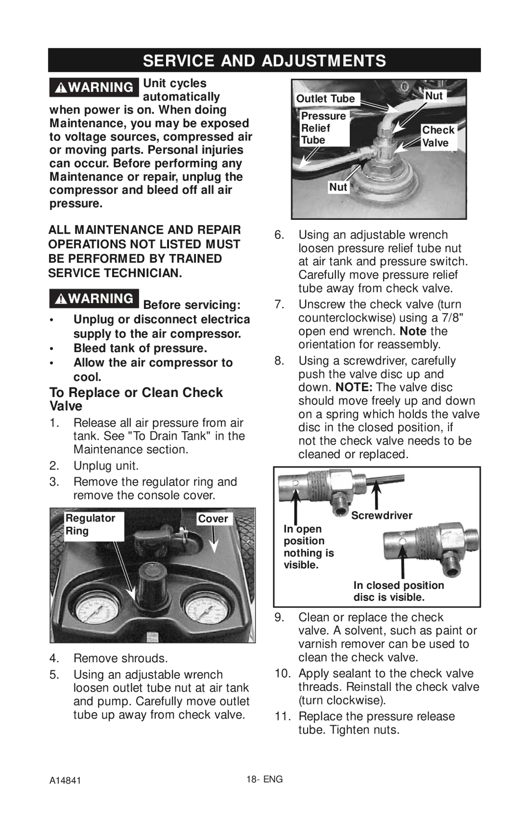 Craftsman 919.724591 owner manual Service and Adjustments, To Replace or Clean Check Valve, Ring 