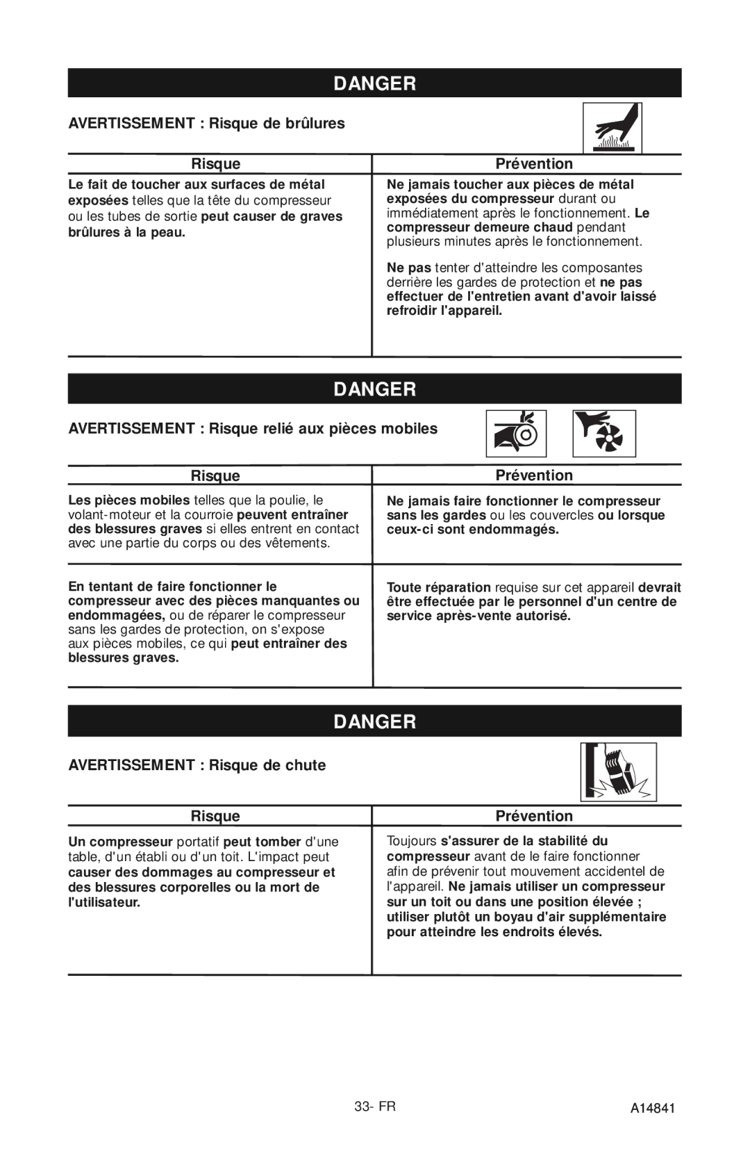 Craftsman 919.724591 owner manual Avertissement Risque de brûlures, Avertissement Risque relié aux pièces mobiles 