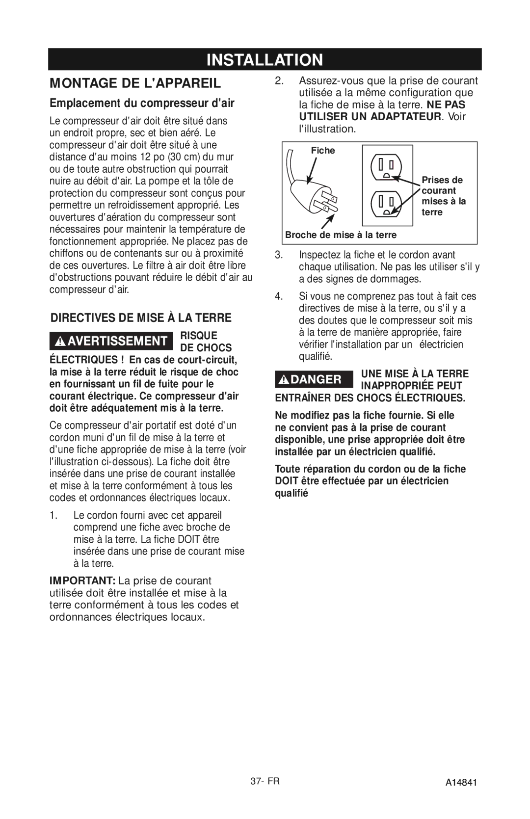 Craftsman 919.724591 owner manual Montage DE Lappareil, Emplacement du compresseur dair 