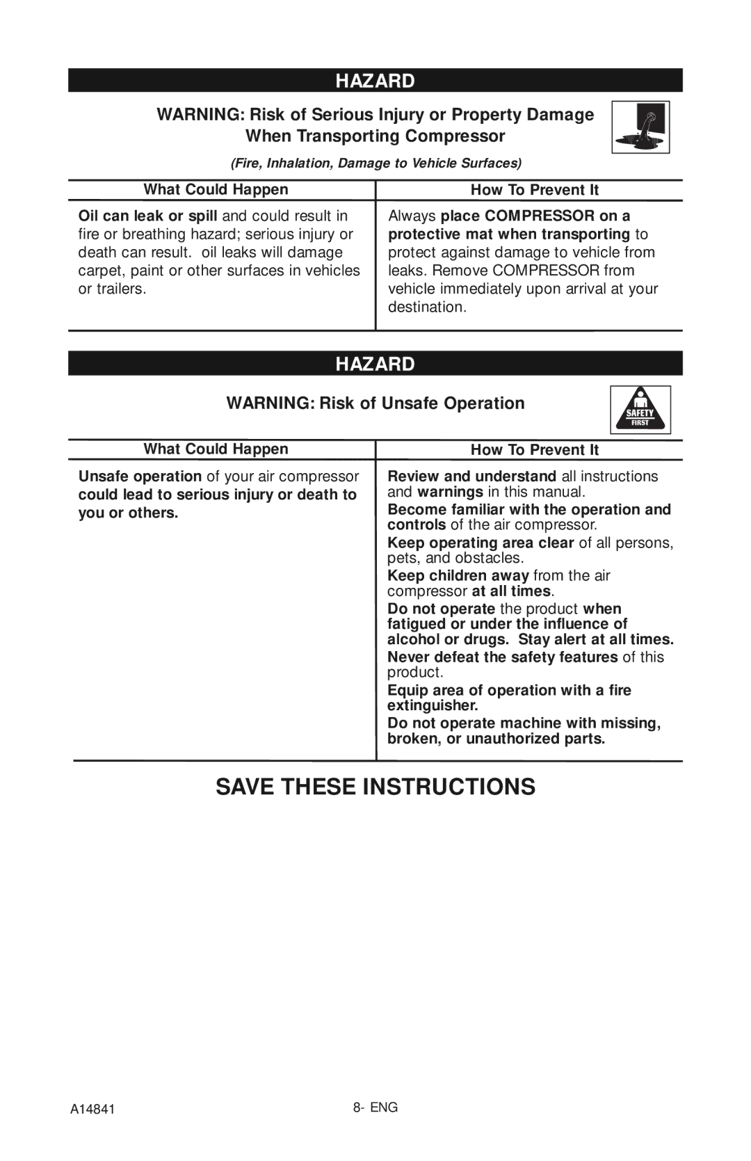 Craftsman 919.724591 owner manual When Transporting Compressor 