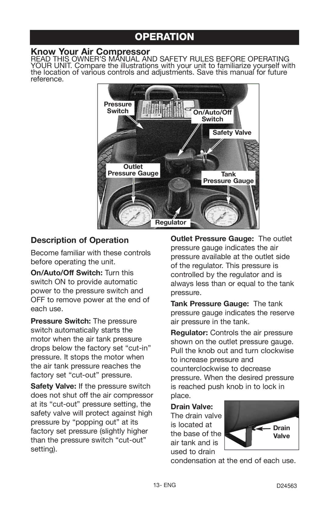 Craftsman 919.7247 Description of Operation, Outlet Pressure Gauge The outlet, Tank Pressure Gauge The tank 