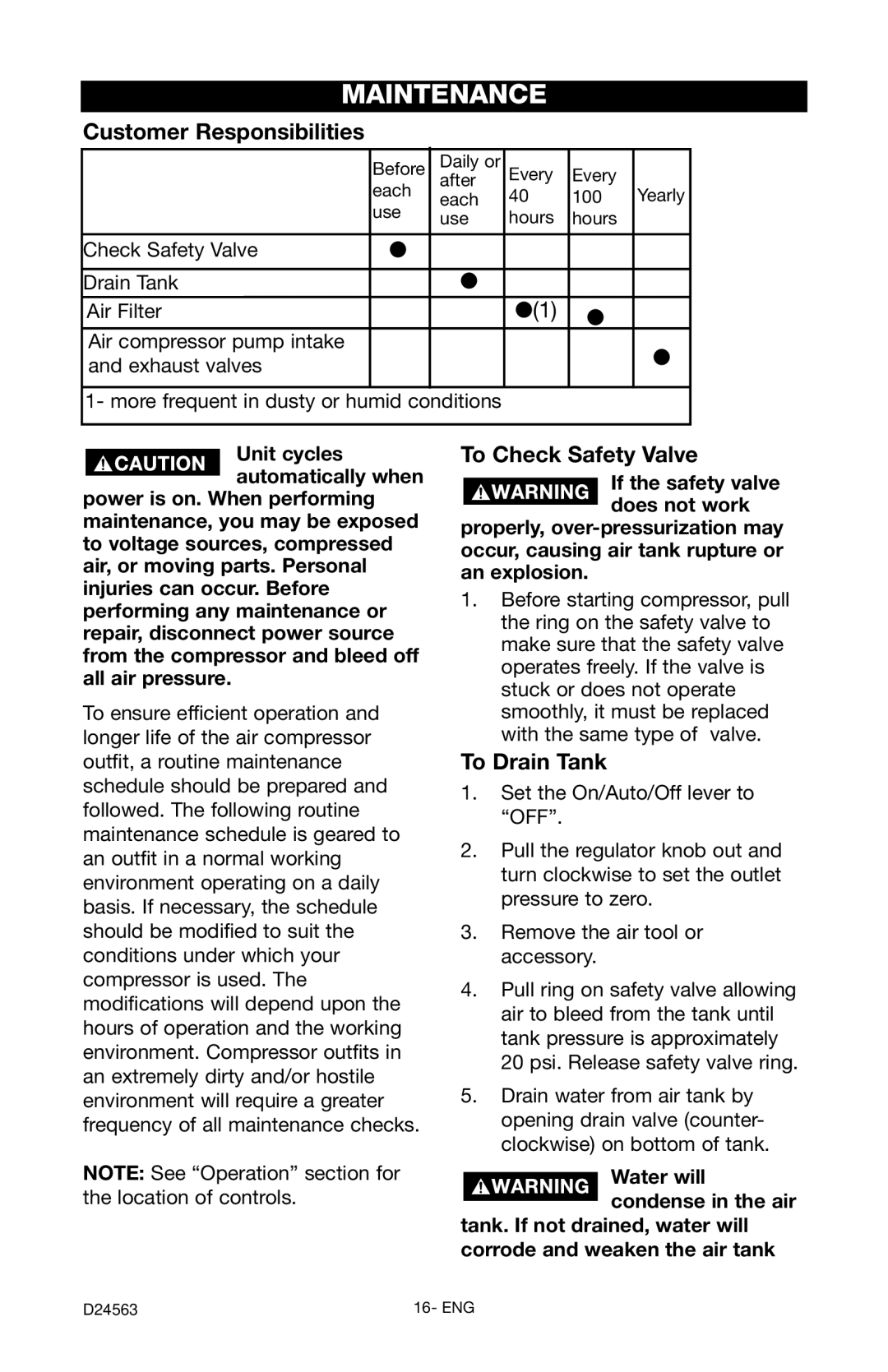 Craftsman 919.7247 owner manual Maintenance, Customer Responsibilities, To Check Safety Valve, To Drain Tank 