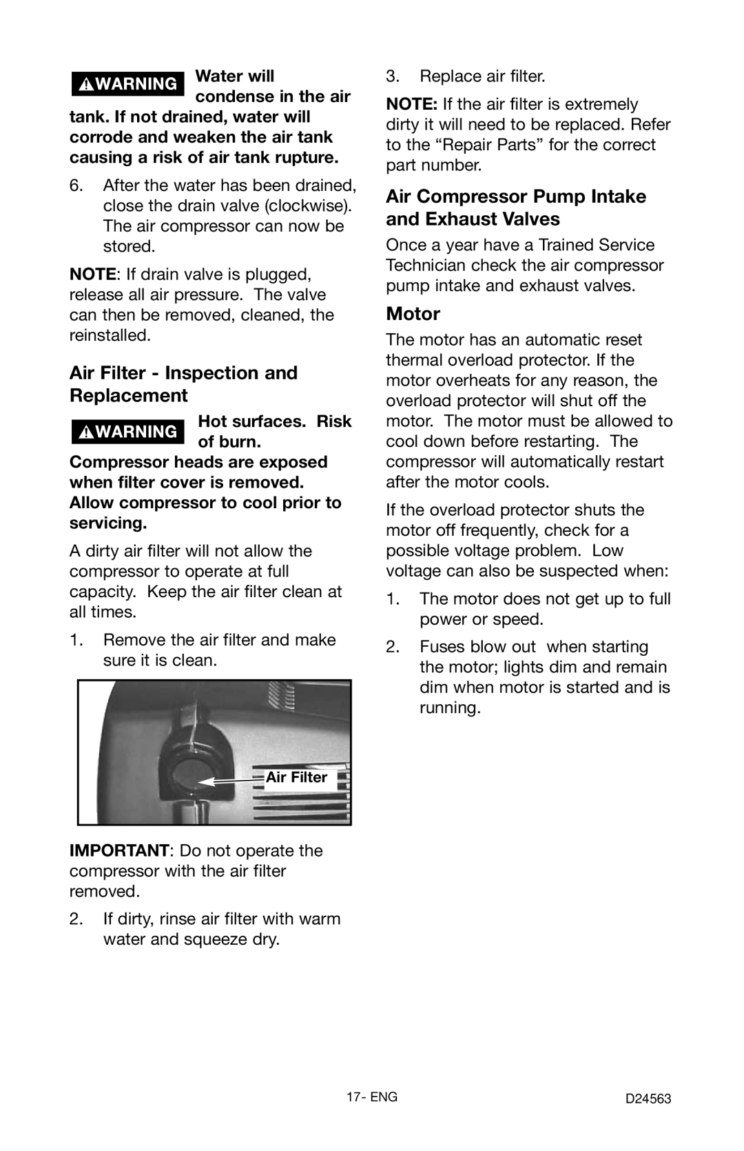 Craftsman 919.7247 owner manual Air Filter Inspection and Replacement, Air Compressor Pump Intake and Exhaust Valves, Motor 