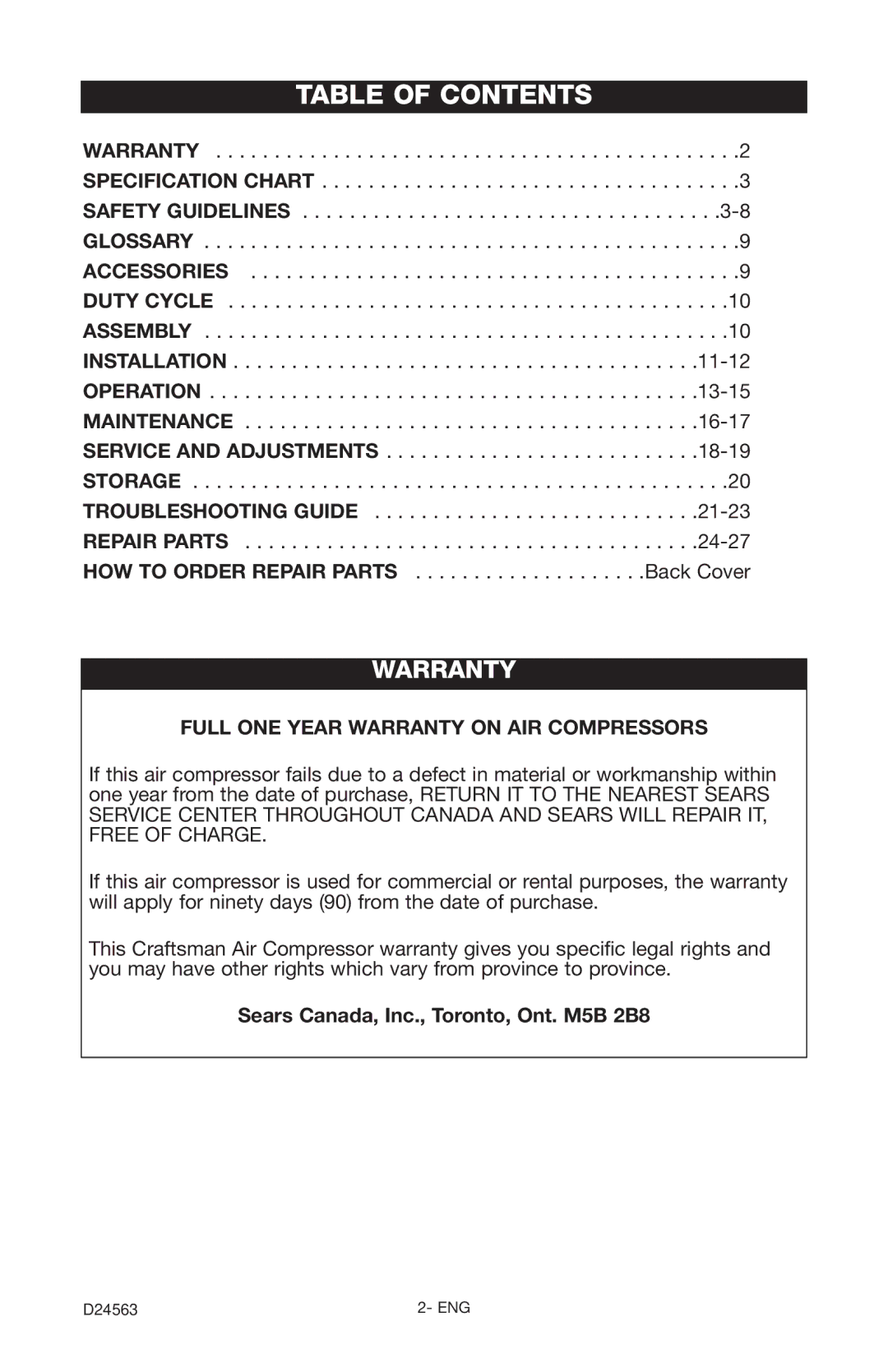 Craftsman 919.7247 owner manual Table of Contents 