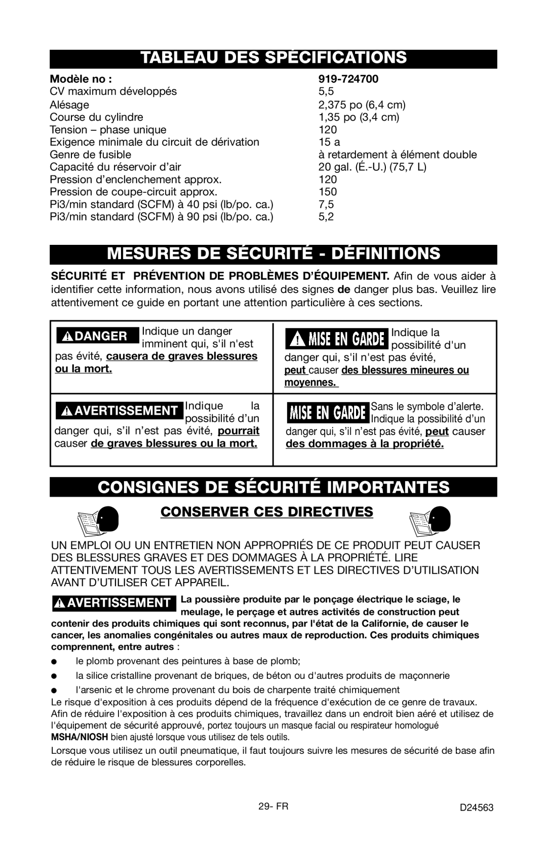 Craftsman 919.7247 Tableau DES Spécifications, Mesures DE Sécurité Définitions, Consignes DE Sécurité Importantes 