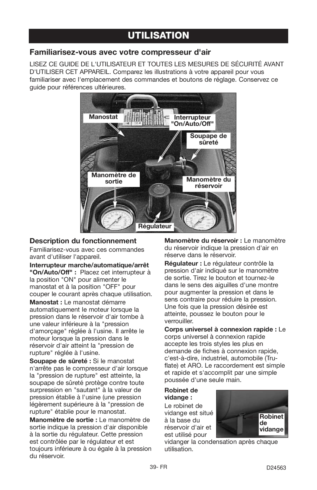 Craftsman 919.7247 owner manual Utilisation, Familiarisez-vous avec votre compresseur dair, Description du fonctionnement 