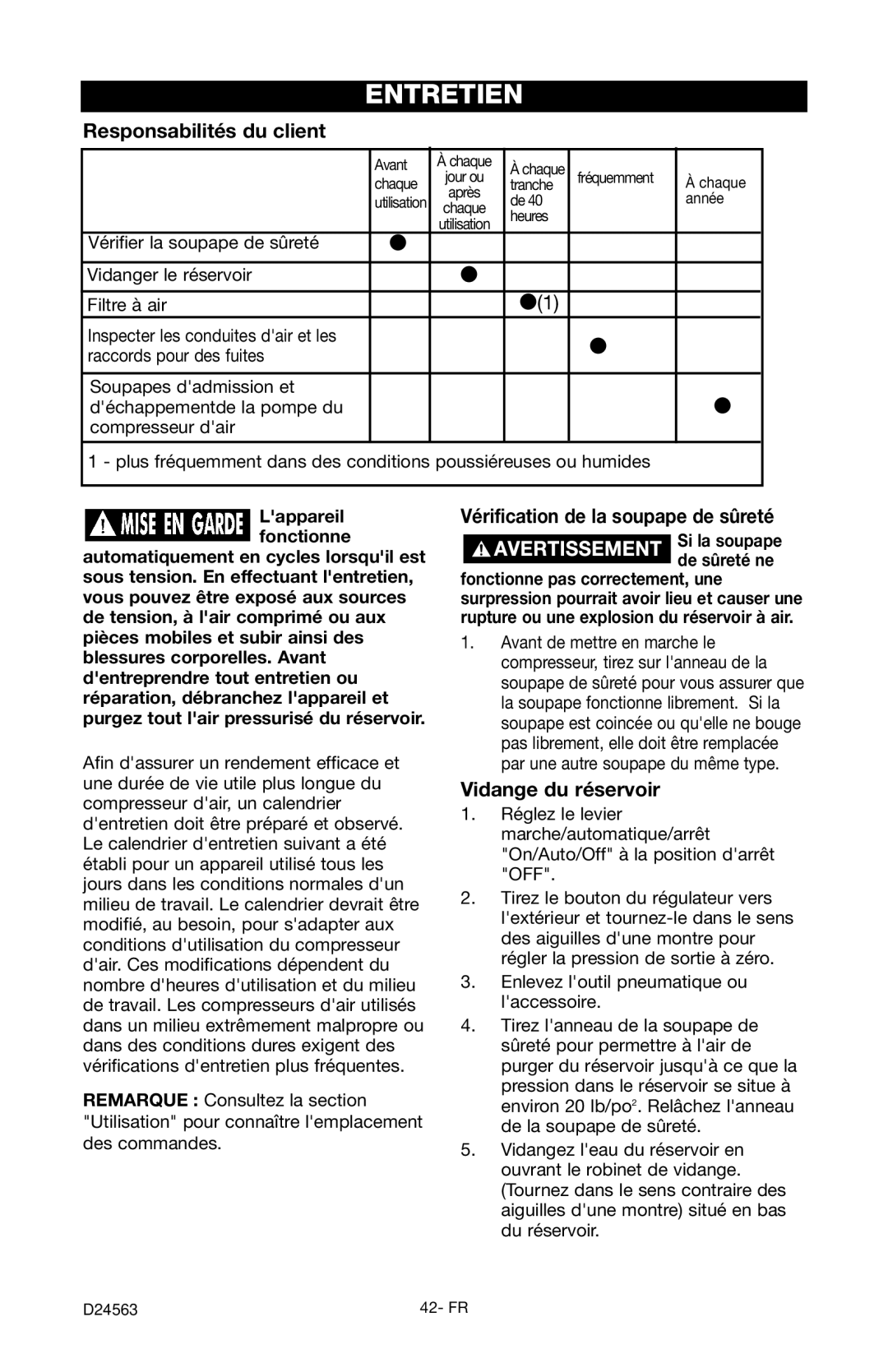 Craftsman 919.7247 Entretien, Responsabilités du client, Vérification de la soupape de sûreté, Vidange du réservoir 