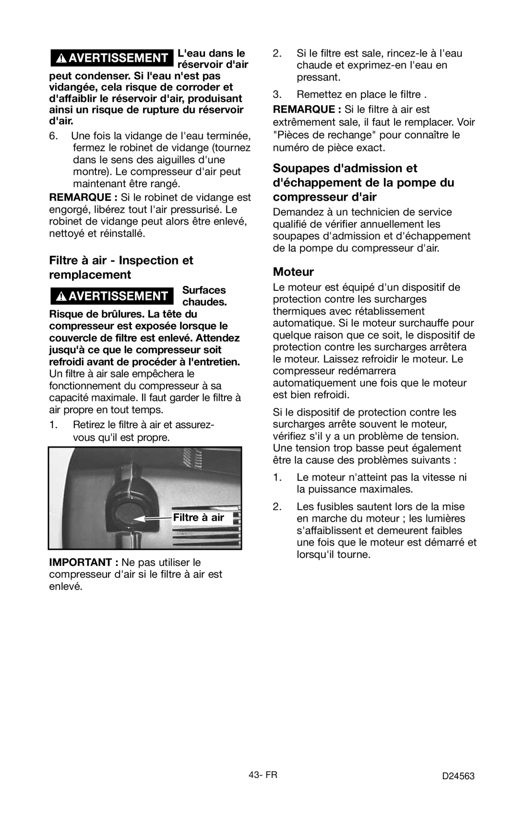 Craftsman 919.7247 owner manual Filtre à air Inspection et remplacement, Moteur 