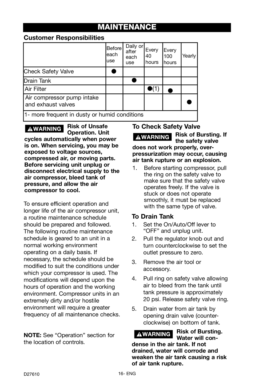 Craftsman 919.724701 owner manual Maintenance, Customer Responsibilities, To Check Safety Valve, To Drain Tank 