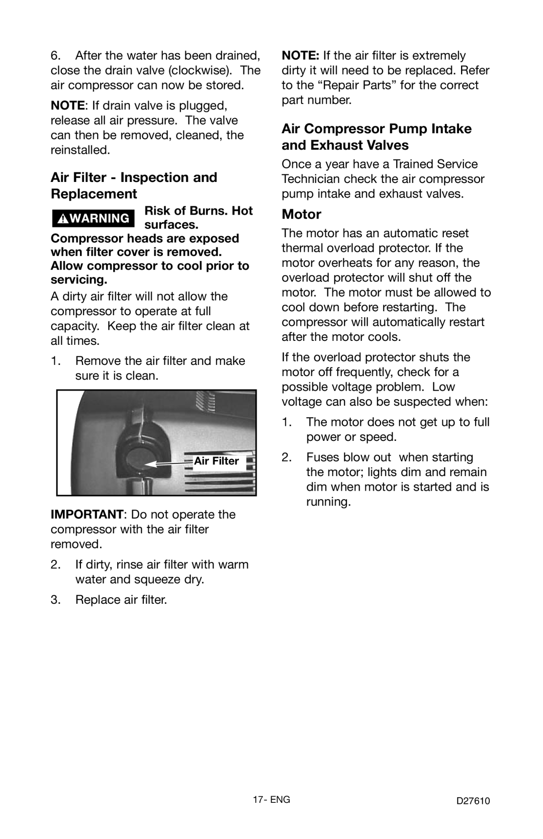 Craftsman 919.724701 Air Filter Inspection and Replacement, Air Compressor Pump Intake and Exhaust Valves, Motor 