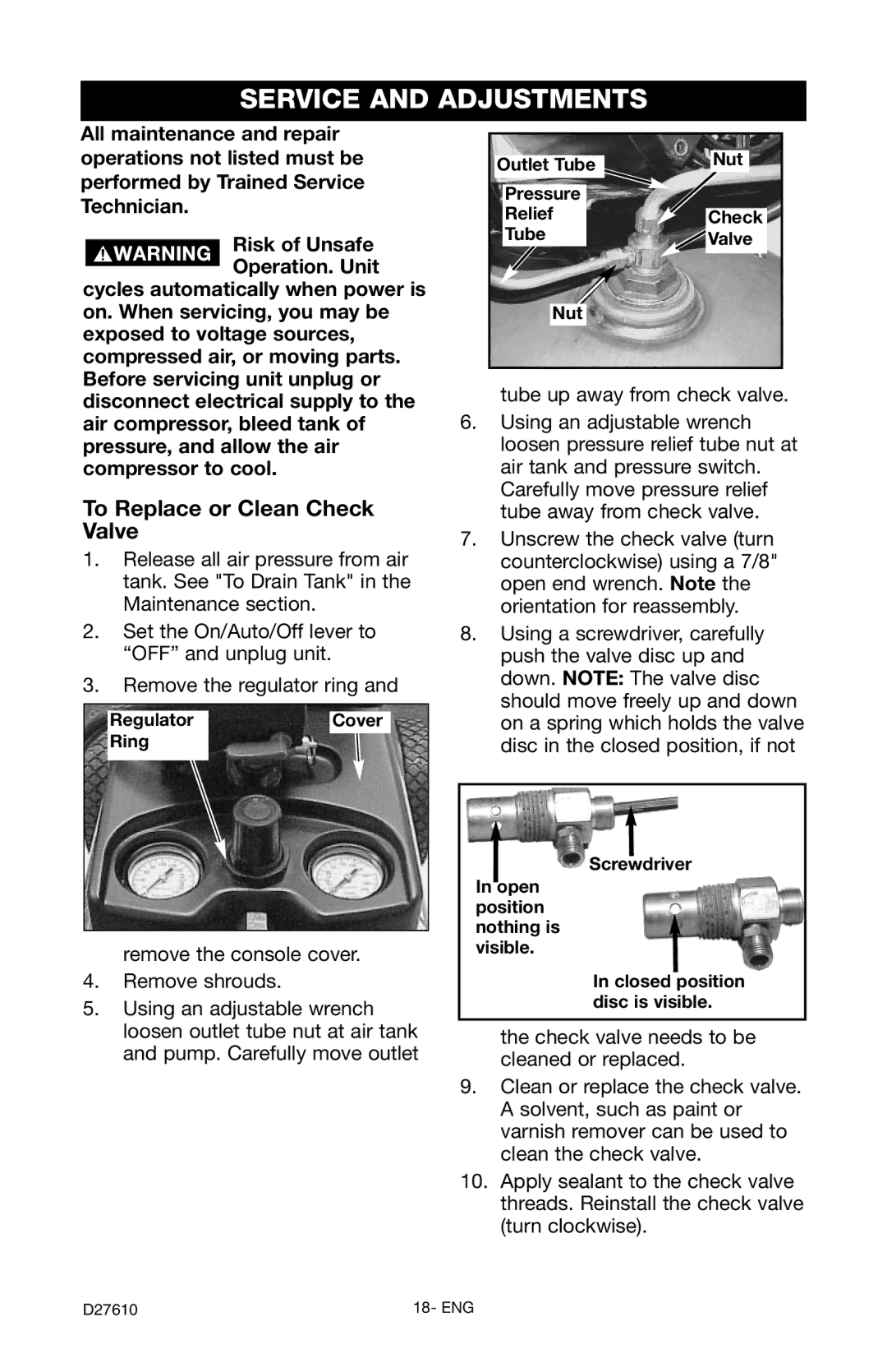 Craftsman 919.724701 owner manual Service and Adjustments, To Replace or Clean Check Valve, Ring 