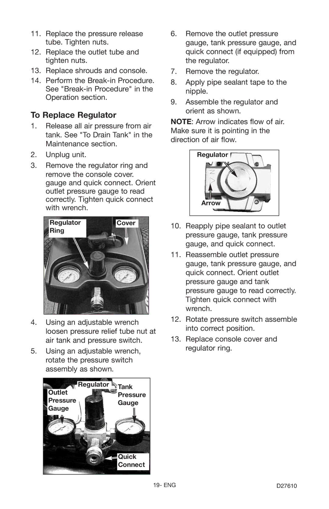 Craftsman 919.724701 To Replace Regulator, Regulator Tank Outlet Pressure PressureGauge Quick Connect, Regulator Arrow 