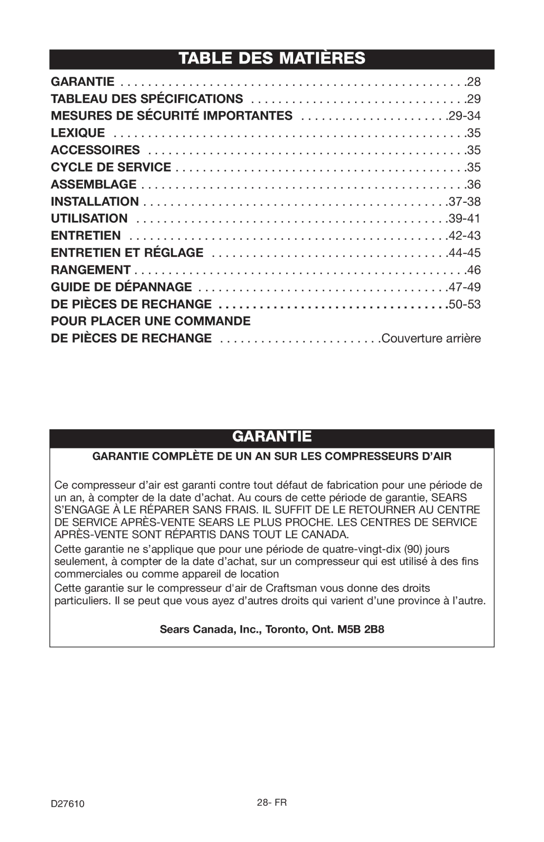 Craftsman 919.724701 owner manual Table DES Matières, Sears Canada, Inc., Toronto, Ont. M5B 2B8 