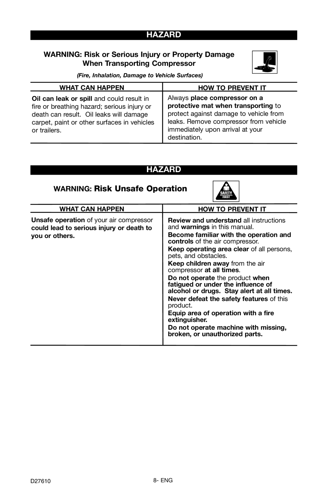 Craftsman 919.724701 owner manual When Transporting Compressor 