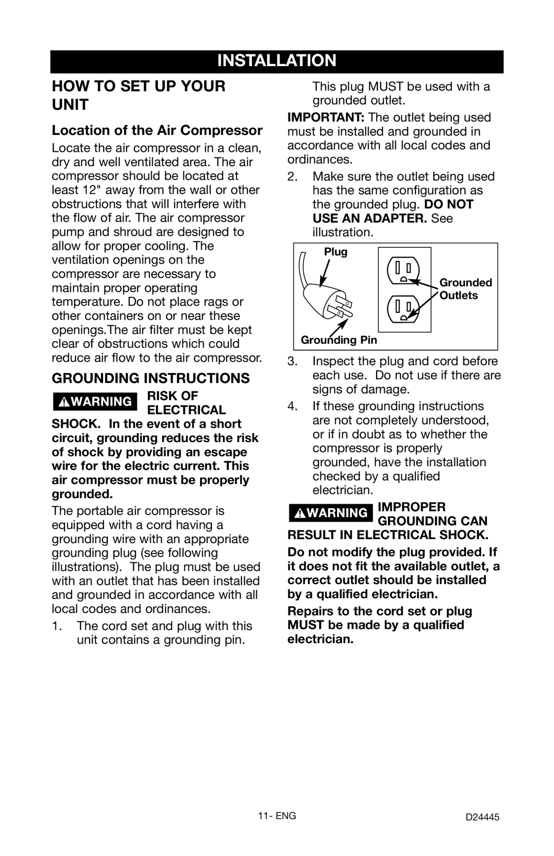 Craftsman 919.7255 Installation, Location of the Air Compressor, Risk of Electrical, Plug Grounded Outlets Grounding Pin 