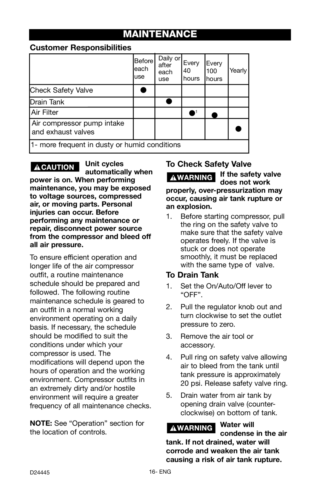 Craftsman 919.7255 manual Maintenance, Customer Responsibilities, To Check Safety Valve, To Drain Tank 