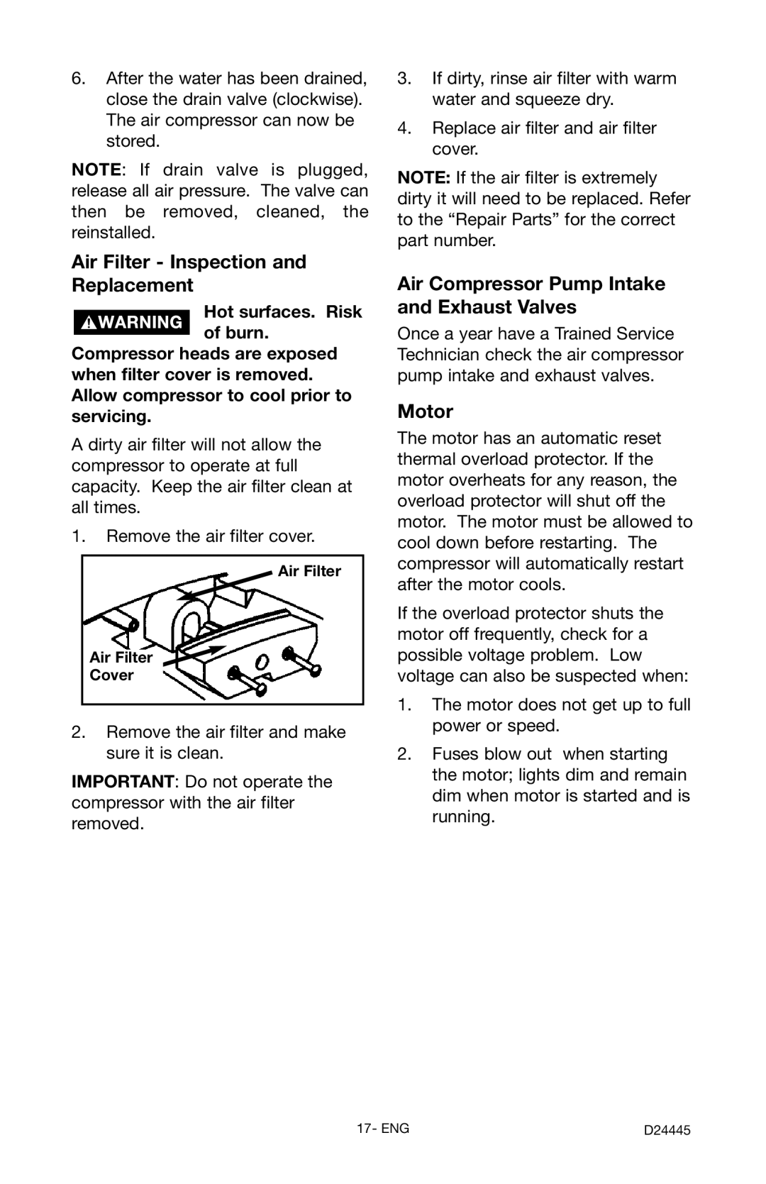 Craftsman 919.7255 manual Air Filter Inspection and Replacement, Air Compressor Pump Intake and Exhaust Valves, Motor 