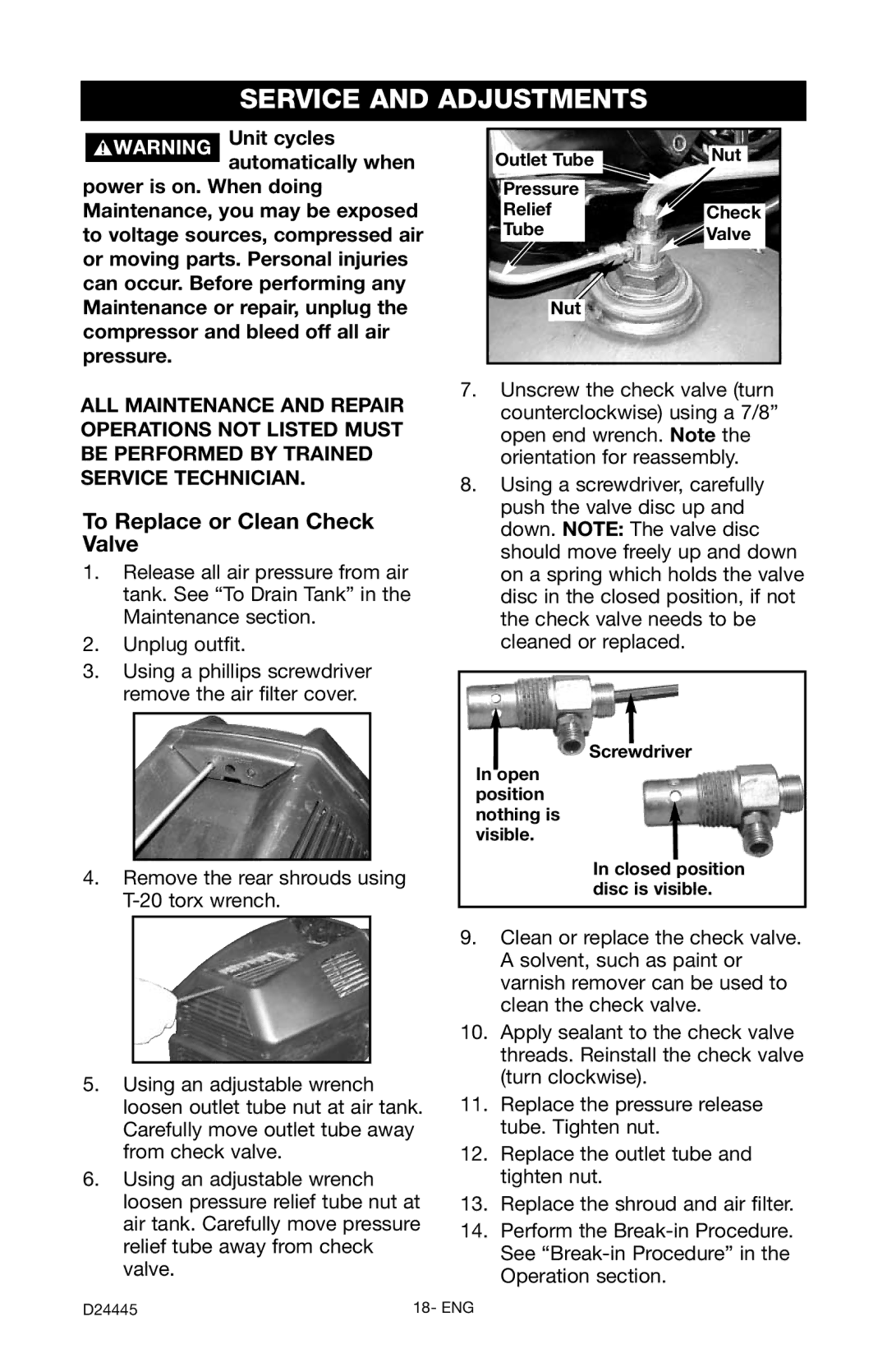 Craftsman 919.7255 Service and Adjustments, To Replace or Clean Check Valve, Nut Outlet Tube Pressure Relief Check Valve 