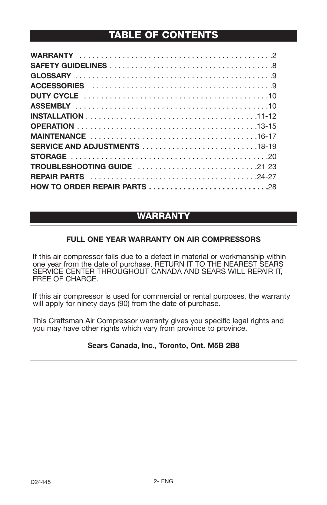 Craftsman 919.7255 manual Table of Contents 