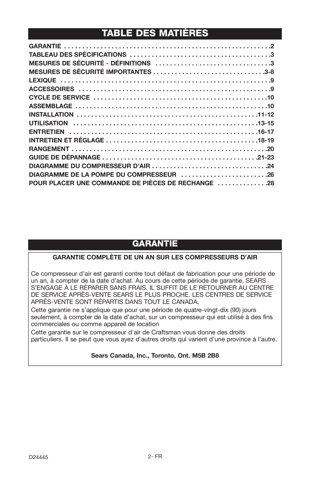 Craftsman 919.7255 manual Table DES Matières, Sears Canada, Inc., Toronto, Ont. M5B 2B8 