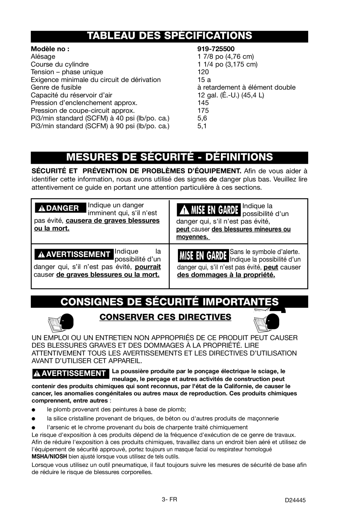 Craftsman 919.7255 manual Tableau DES Spécifications, Mesures DE Sécurité Définitions, Consignes DE Sécurité Importantes 