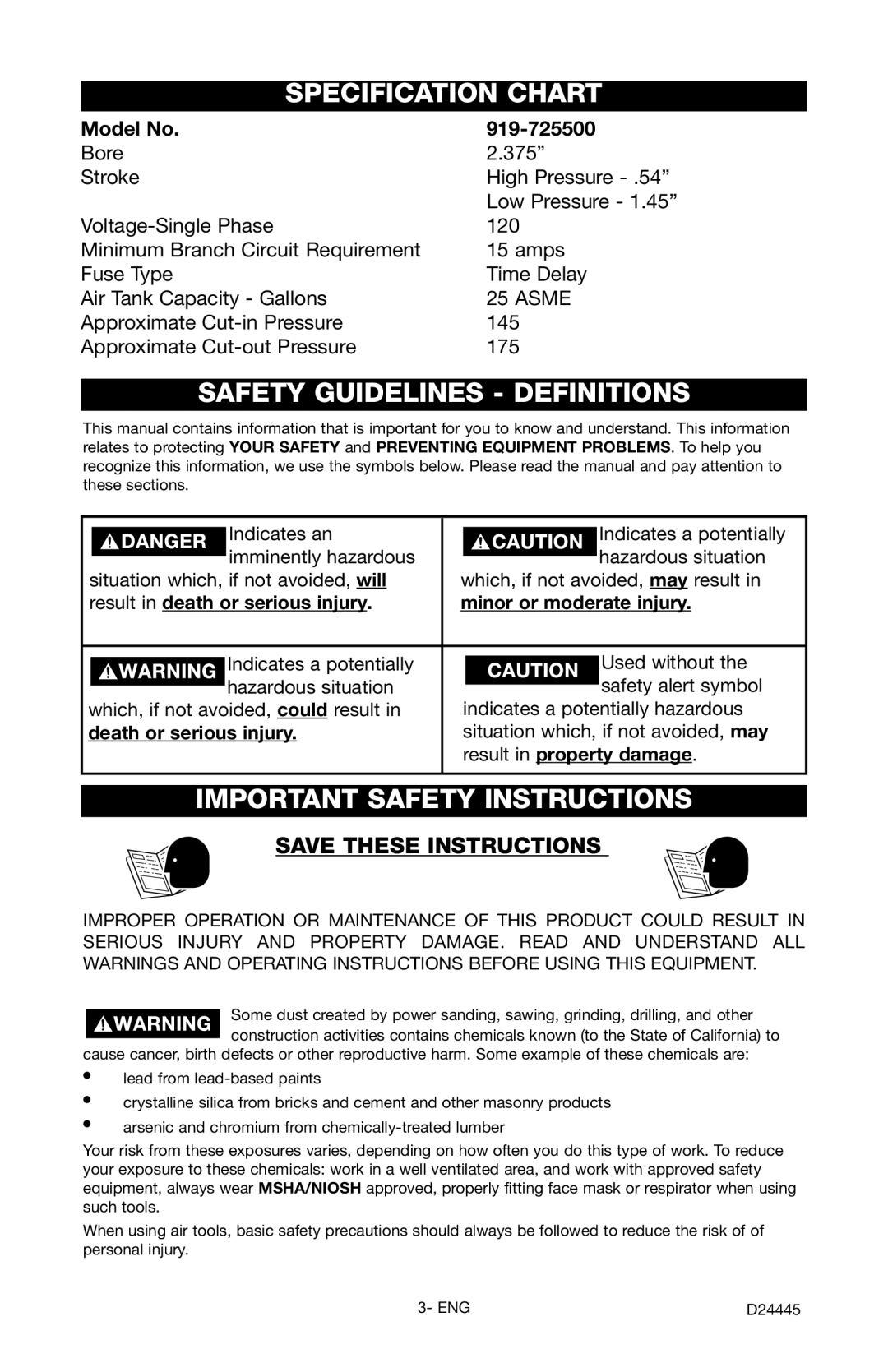 Craftsman 919.7255 Specification Chart, Safety Guidelines Definitions, Important Safety Instructions, Model No 919-725500 