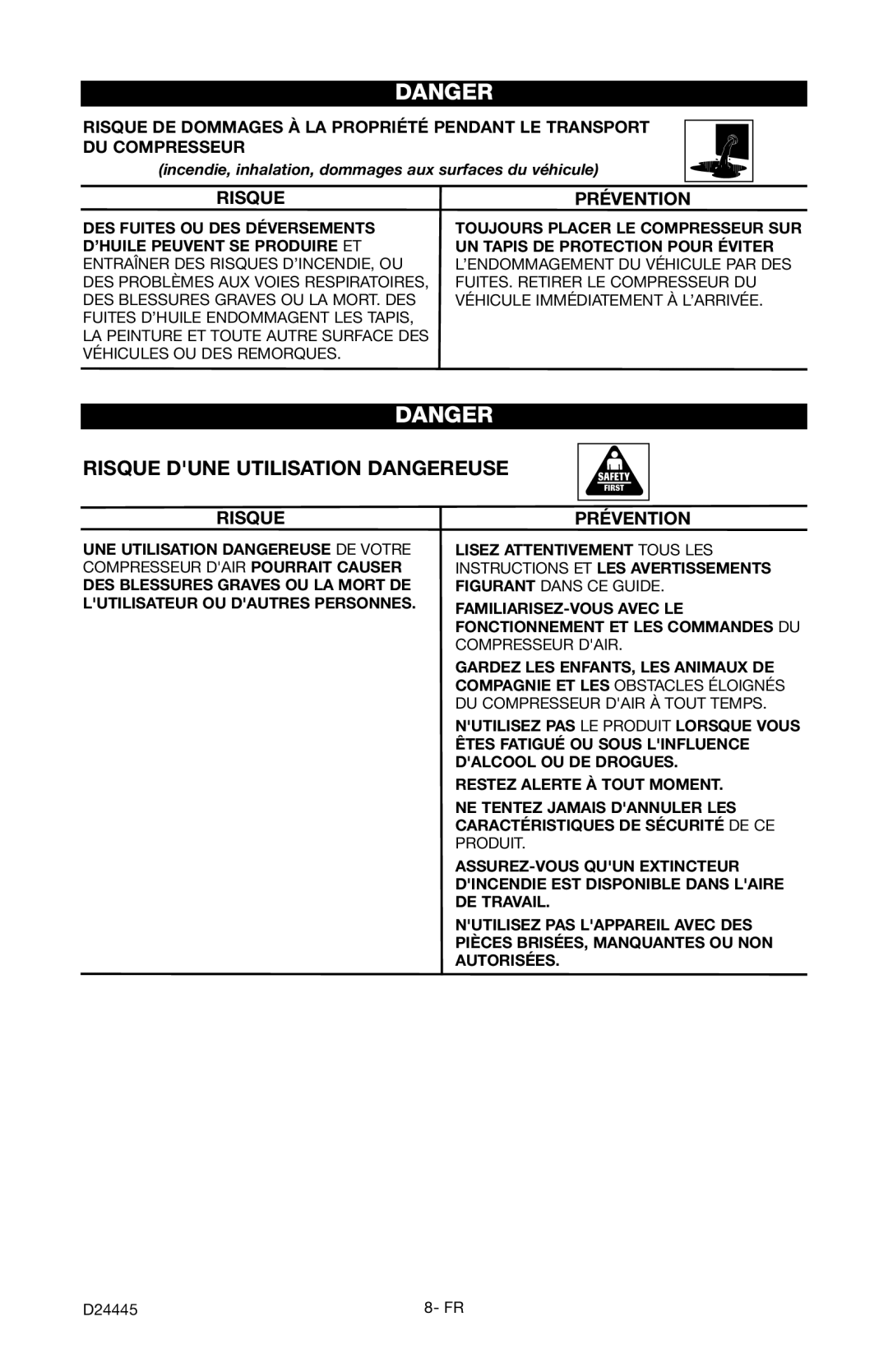 Craftsman 919.7255 manual Risque Dune Utilisation Dangereuse 