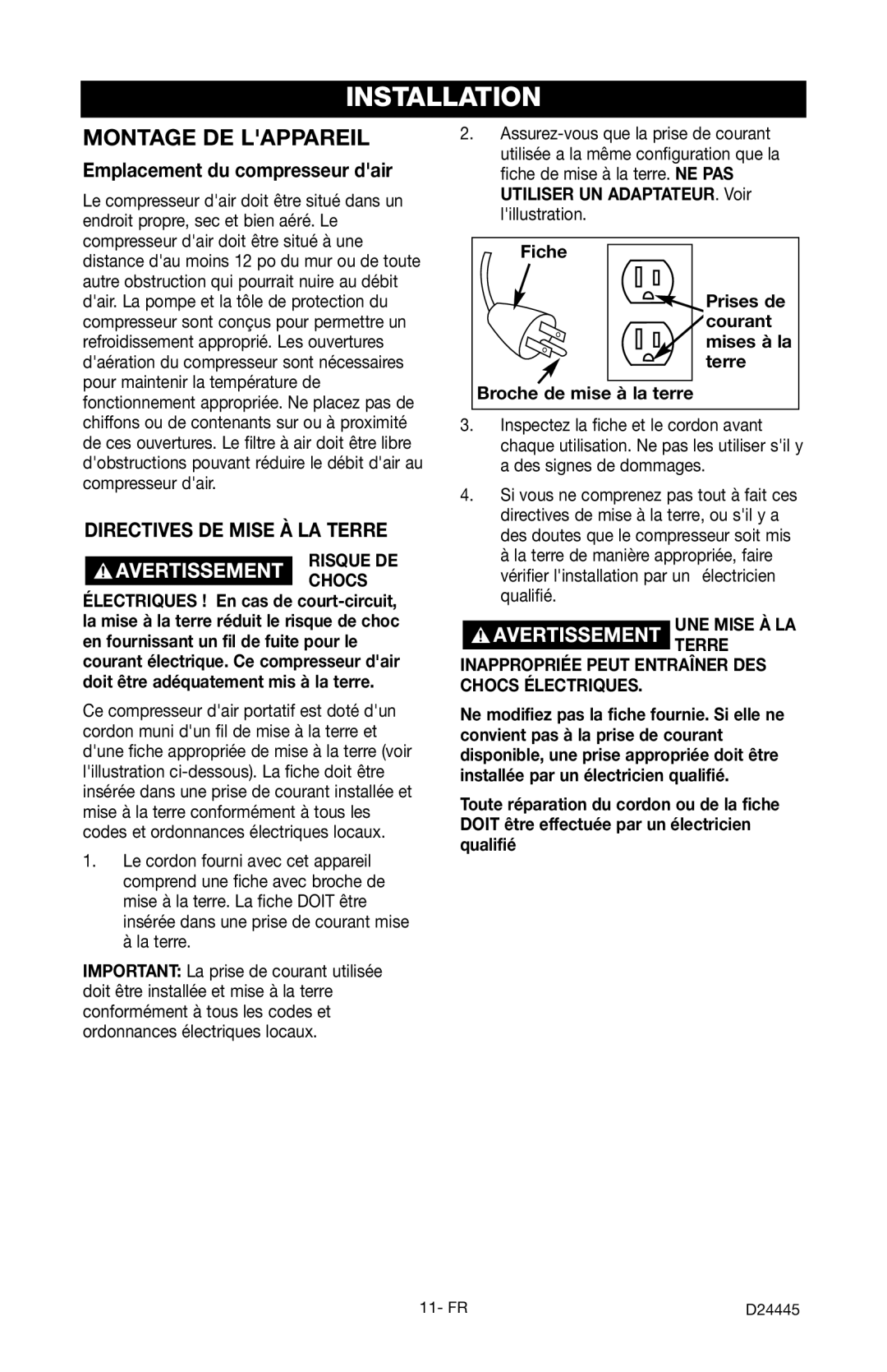 Craftsman 919.7255 manual Emplacement du compresseur dair, Directives DE Mise À LA Terre 