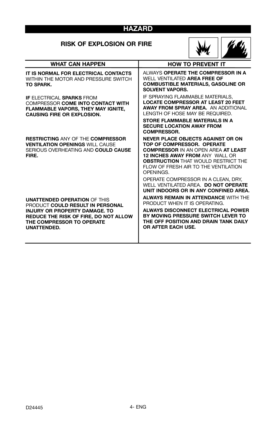 Craftsman 919.7255 manual Hazard, Risk of Explosion or Fire 