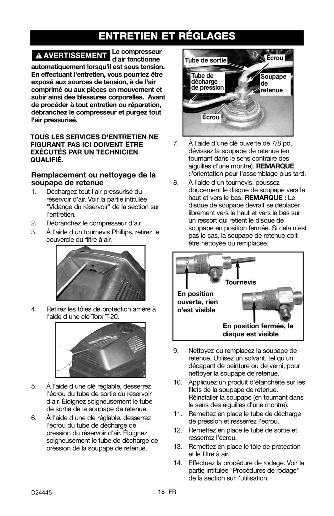 Craftsman 919.7255 manual Entretien ET Réglages, Remplacement ou nettoyage de la soupape de retenue 