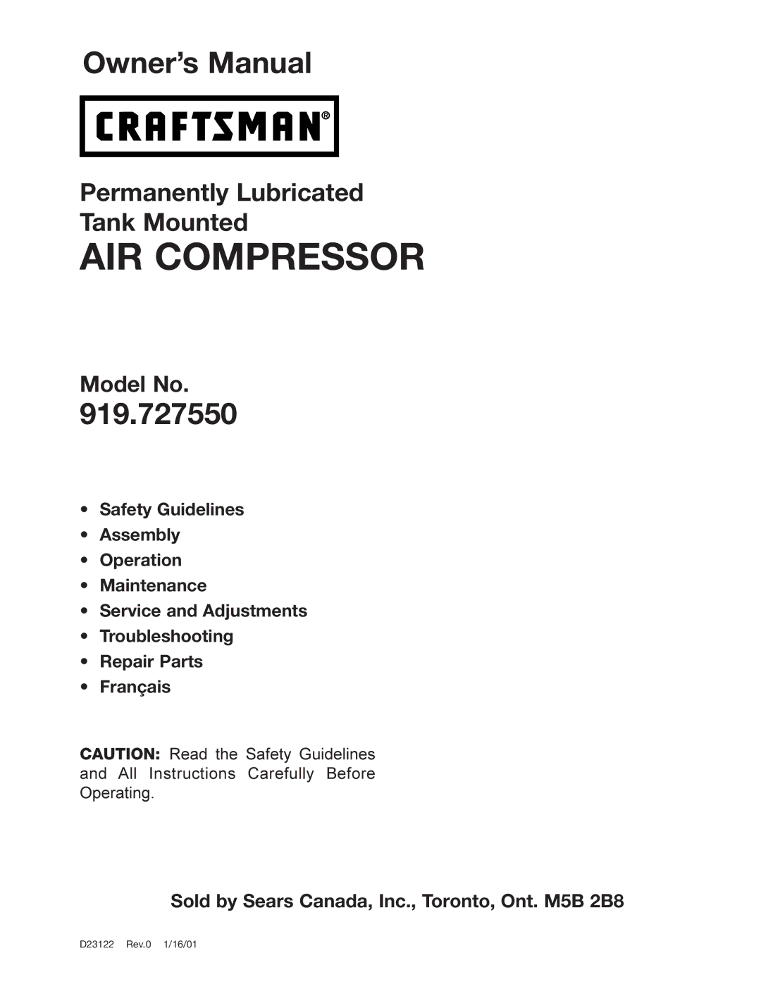 Craftsman 919.72755 owner manual AIR Compressor 