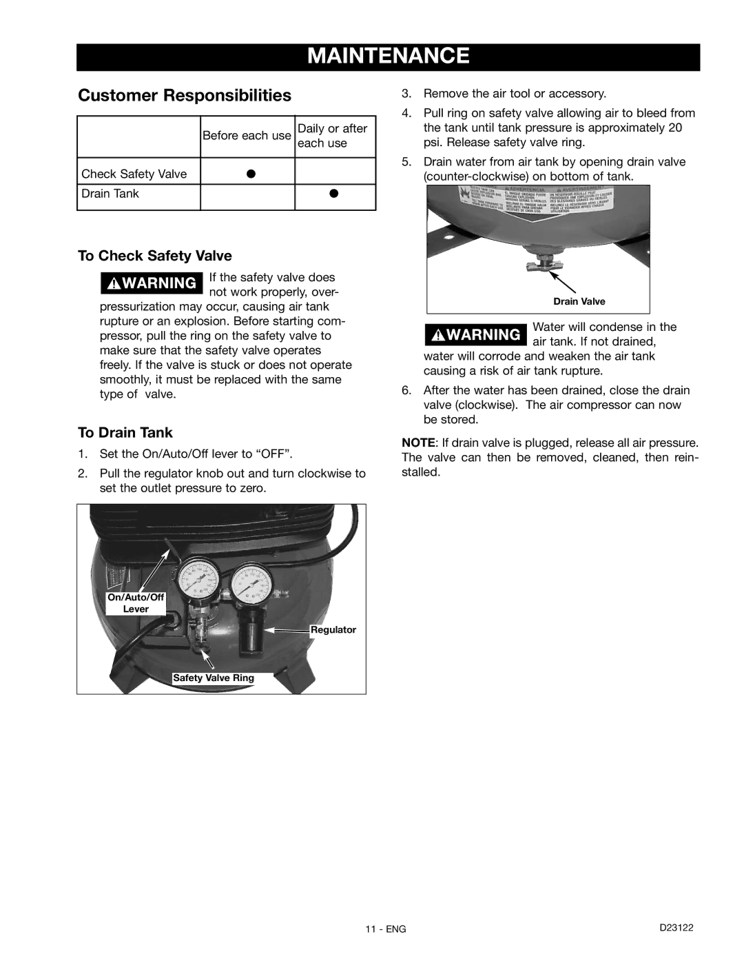 Craftsman 919.72755 owner manual Maintenance, To Check Safety Valve, To Drain Tank 