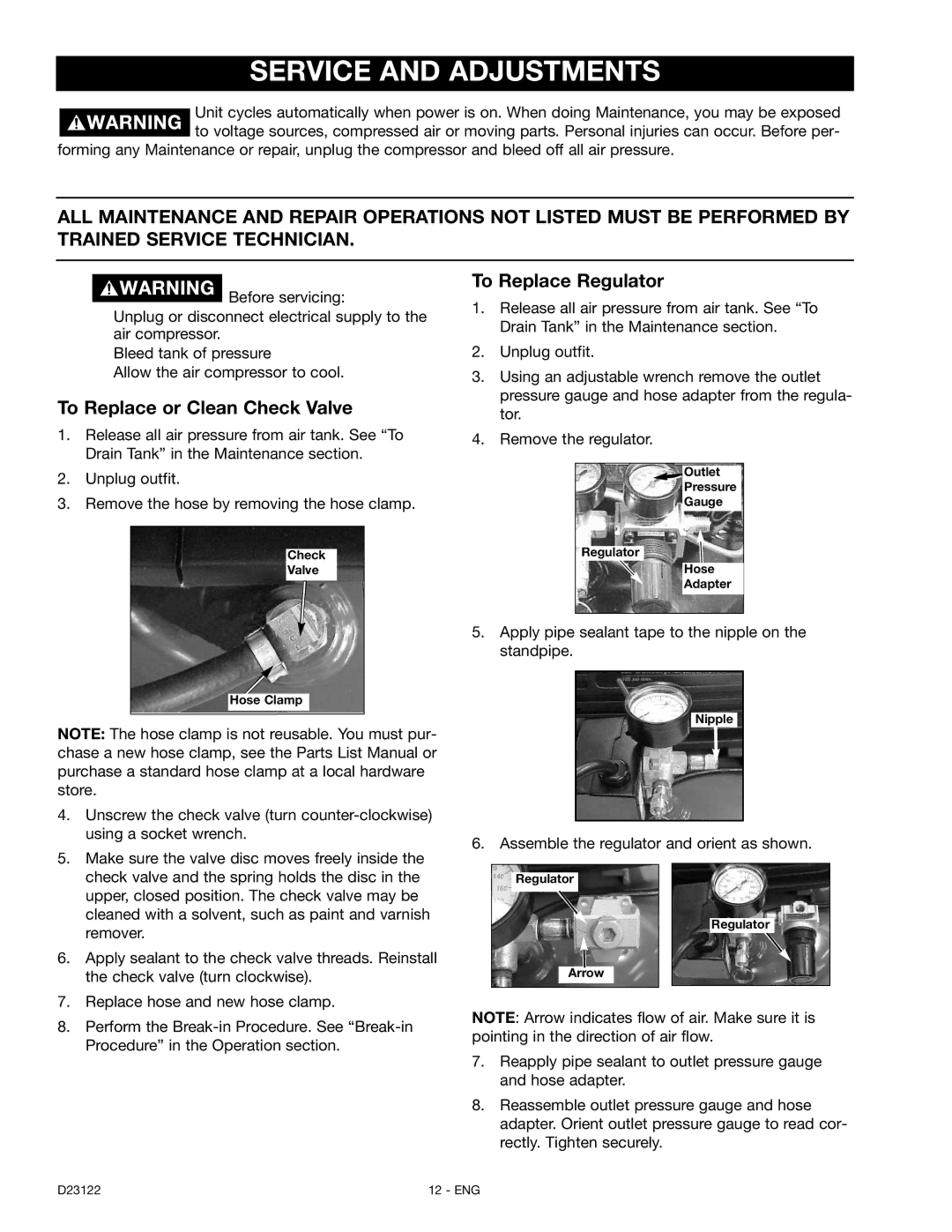 Craftsman 919.72755 owner manual Service and Adjustments, To Replace or Clean Check Valve, To Replace Regulator 