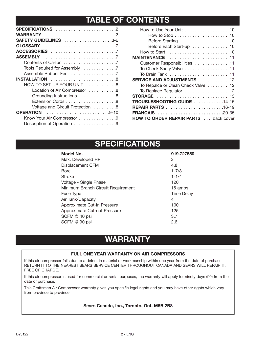 Craftsman 919.72755 owner manual Table of Contents, Specifications, Warranty 