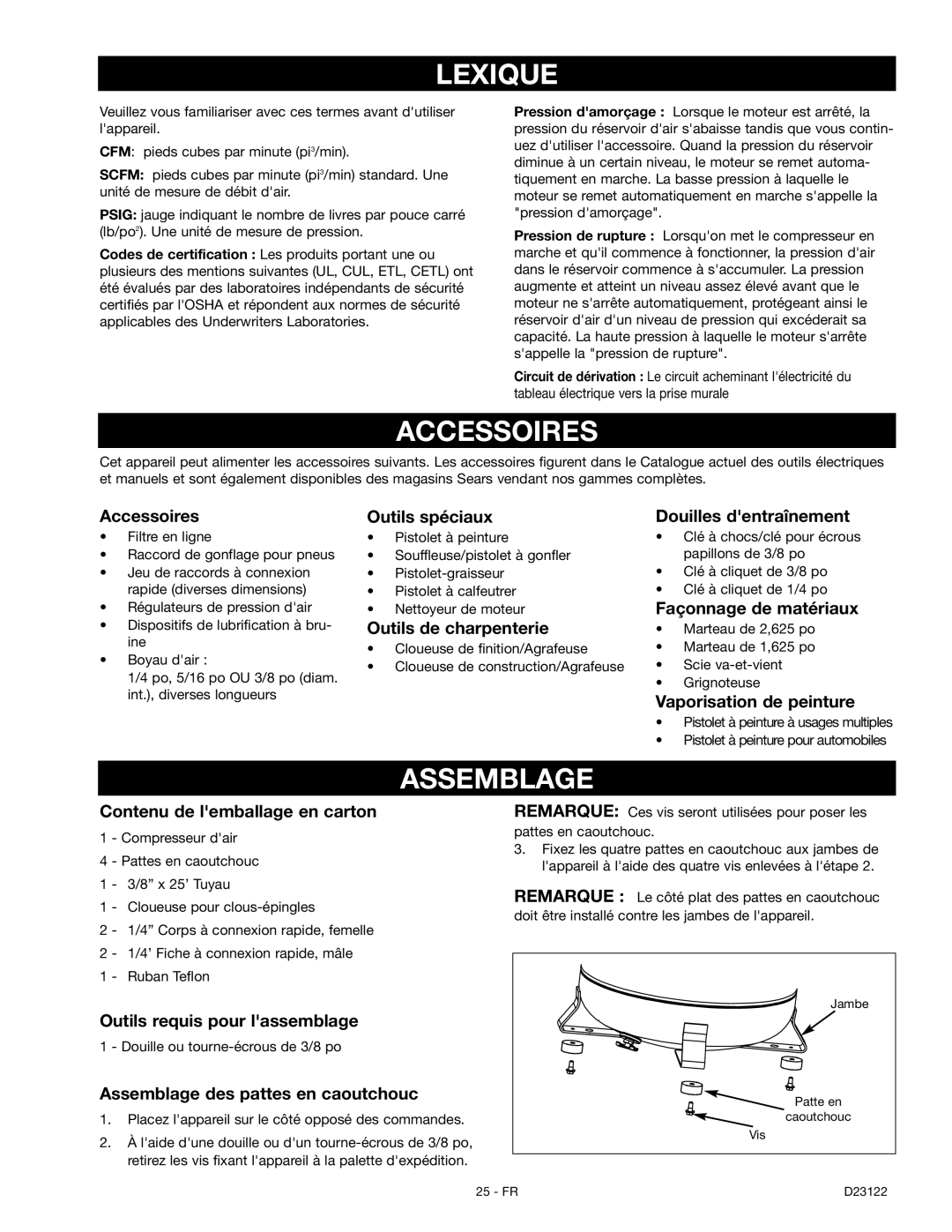 Craftsman 919.72755 owner manual Lexique, Accessoires, Assemblage 