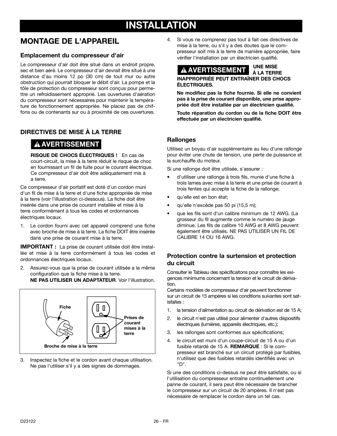 Craftsman 919.72755 Emplacement du compresseur dair, Rallonges, Protection contre la surtension et protection du circuit 