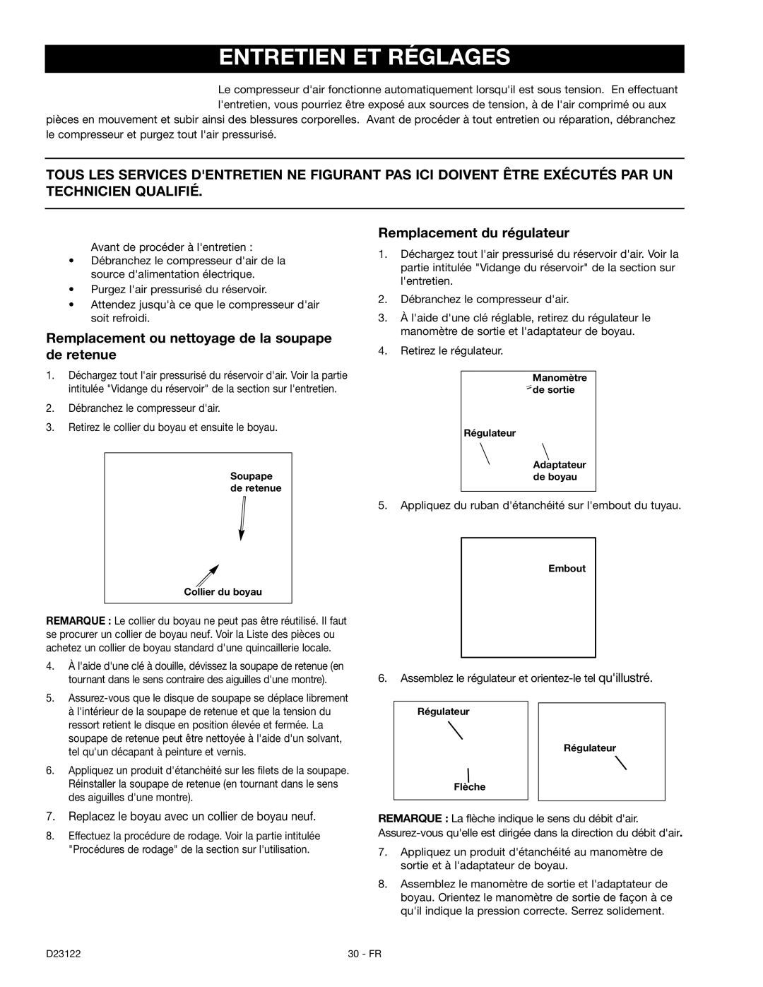 Craftsman 919.72755 Entretien ET Réglages, Remplacement ou nettoyage de la soupape de retenue, Remplacement du régulateur 