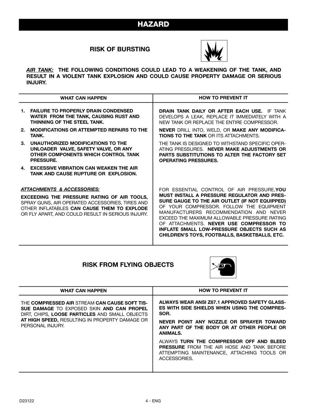 Craftsman 919.72755 owner manual Risk of Bursting, Risk from Flying Objects 